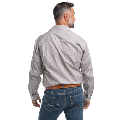 Just Country Men's Austin Full Button Long Sleeve Print Workshirt - Smoke Grey & White Mini Check