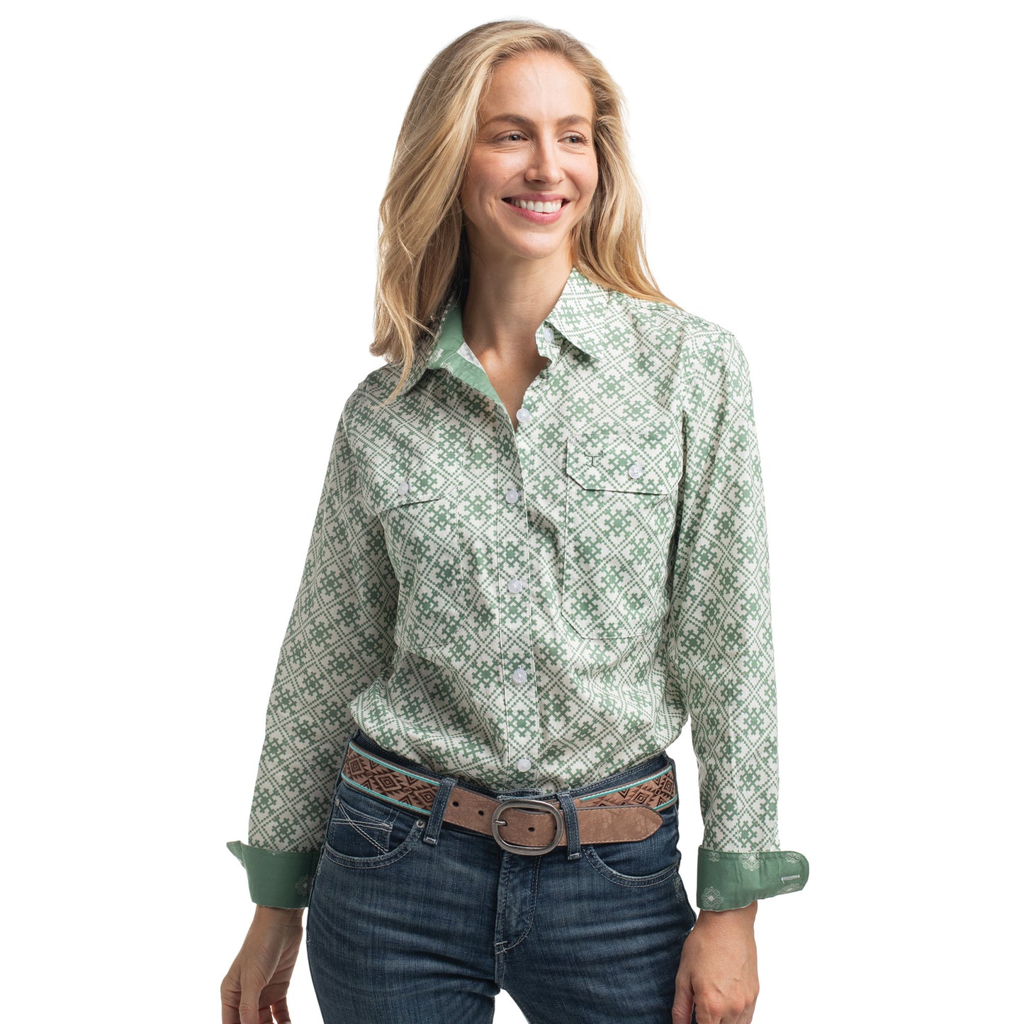 Just Country Women's Abbey Full Button Shirt  - White & Eucalyptus Tile