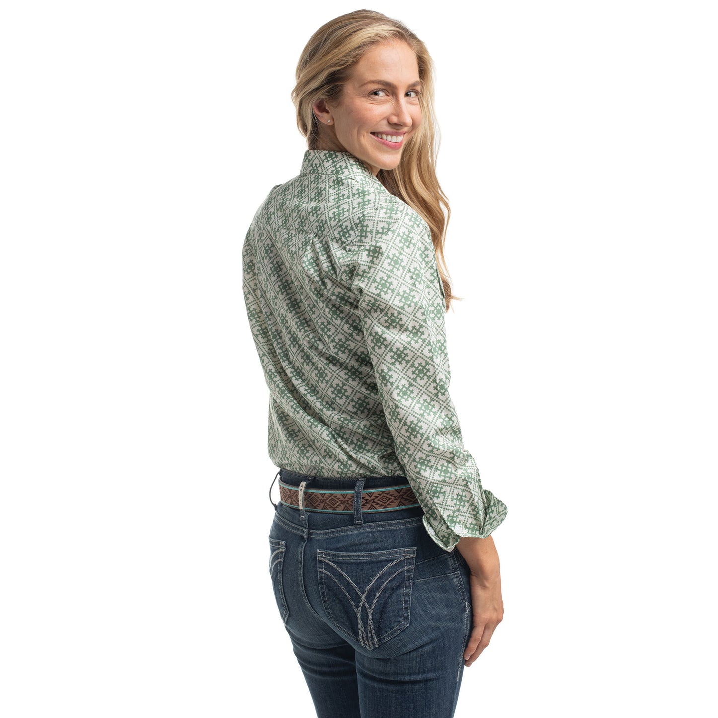 Just Country Women's Abbey Full Button Shirt  - White & Eucalyptus Tile