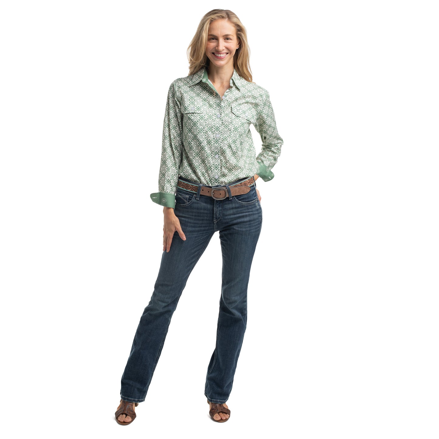 Just Country Women's Abbey Full Button Shirt  - White & Eucalyptus Tile