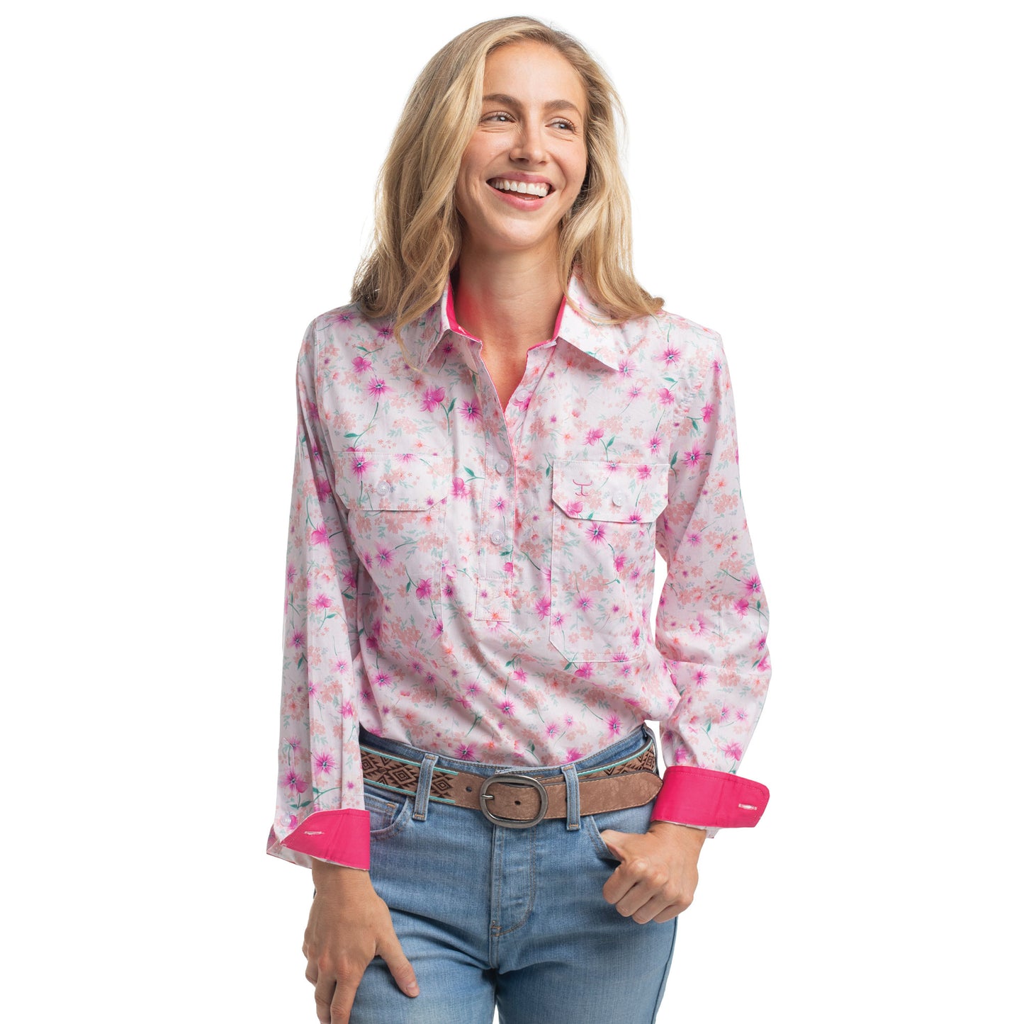 Just Country Women's Georgie Half Button Workshirt - Hot Pink & White Wildflowers/ Hot Pink
