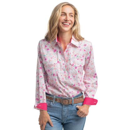 Just Country Women's Georgie Half Button Workshirt - Hot Pink & White Wildflowers/ Hot Pink