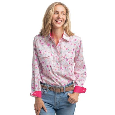 Just Country Women's Georgie Half Button Workshirt - Hot Pink & White Wildflowers/ Hot Pink