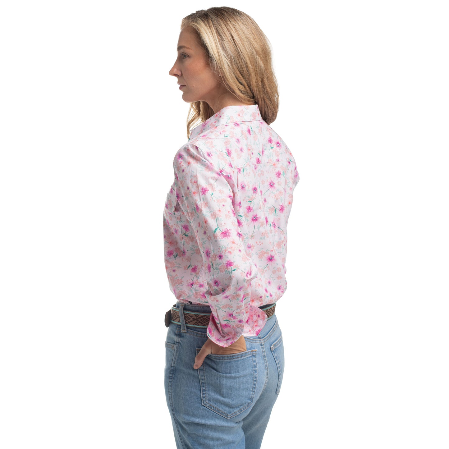 Just Country Women's Georgie Half Button Workshirt - Hot Pink & White Wildflowers/ Hot Pink