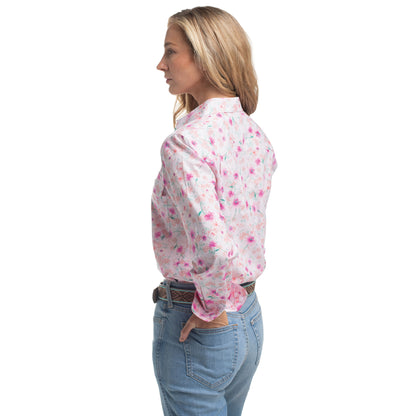 Just Country Women's Georgie Half Button Workshirt - Hot Pink & White Wildflowers/ Hot Pink