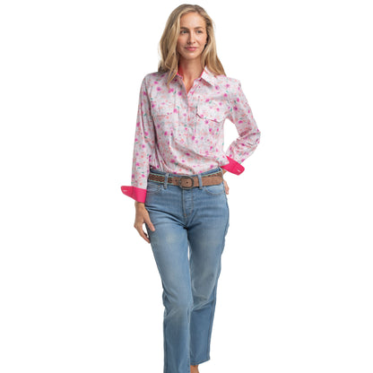 Just Country Women's Georgie Half Button Workshirt - Hot Pink & White Wildflowers/ Hot Pink