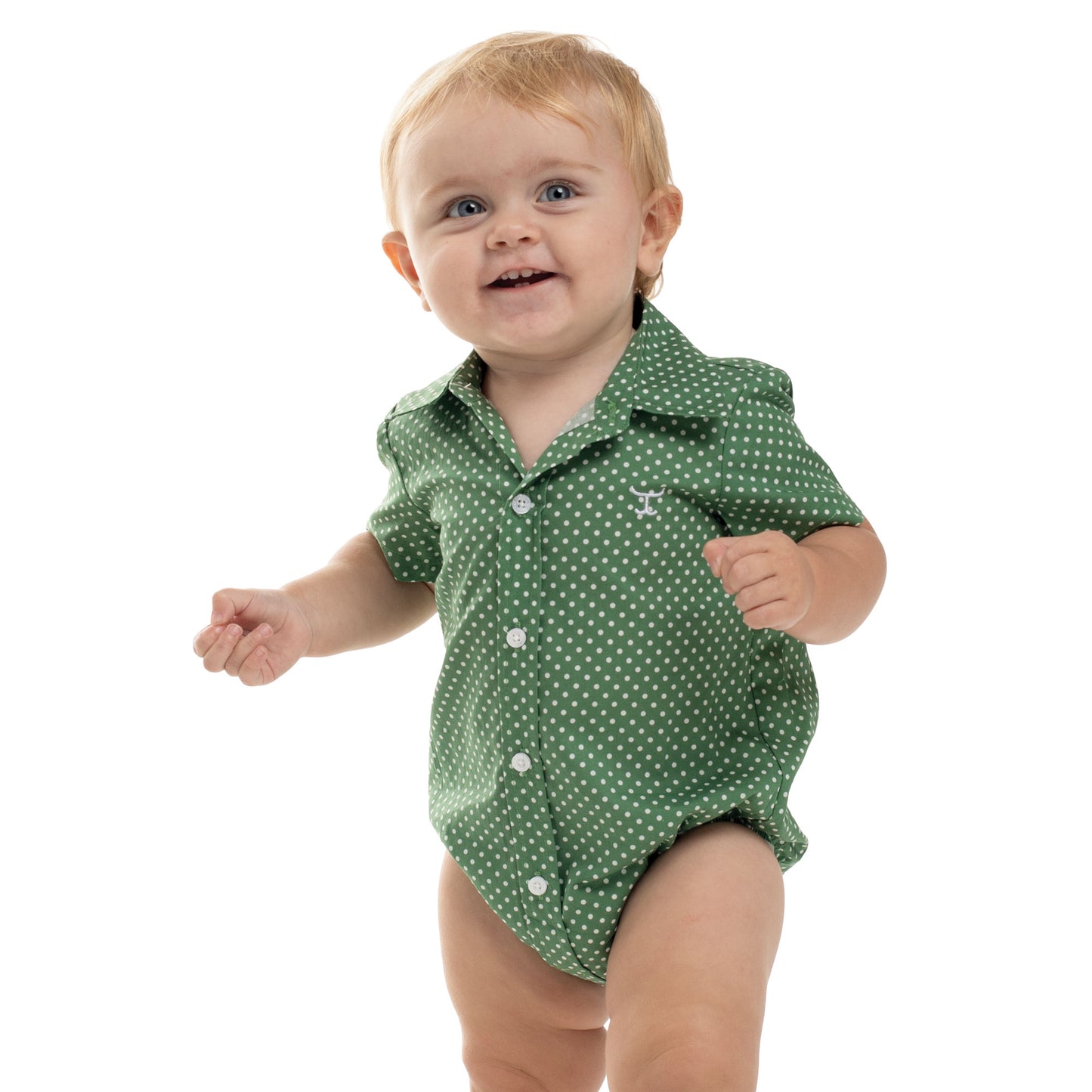 Just Country Infant Frankie Short Sleeve Full Button Jumpsuit -  Eucalyptus & White Mini Spots