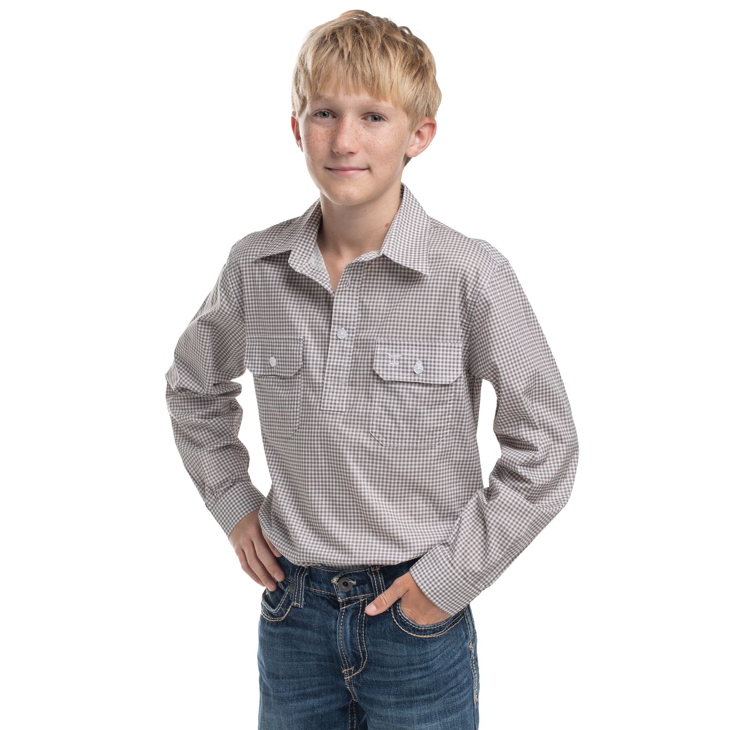 Just Country Boy's Brayden Half Button Workshirt - Smoke Grey & White Mini Check