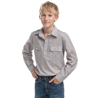Just Country Boy's Brayden Half Button Workshirt - Smoke Grey & White Mini Check