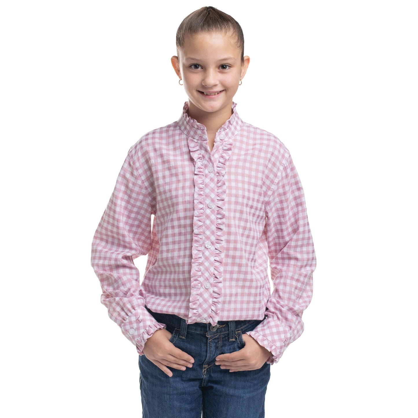 Just Country Girl's Gracie Frills Full Button Workshirt - Berry & White Check