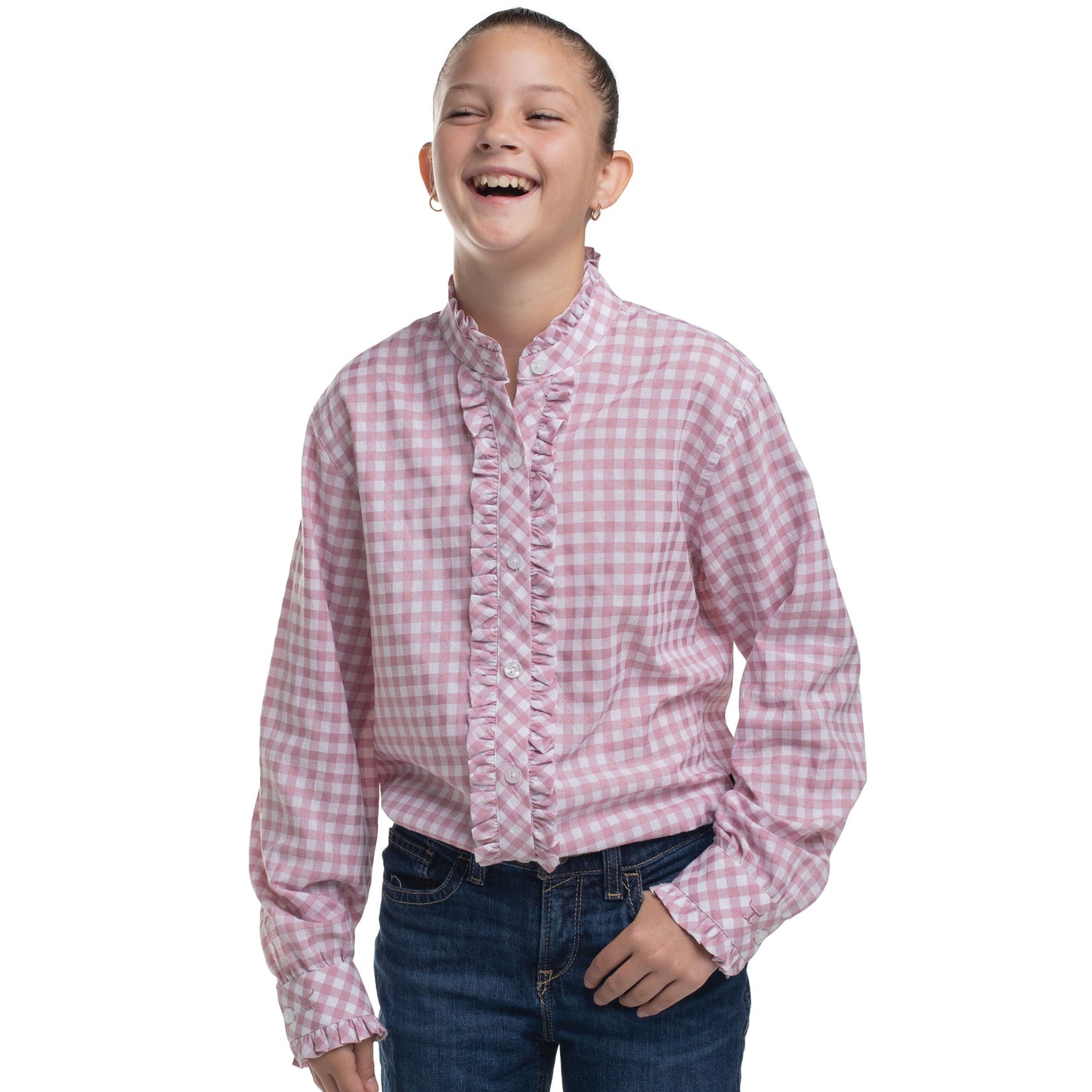 Just Country Girl's Gracie Frills Full Button Workshirt - Berry & White Check