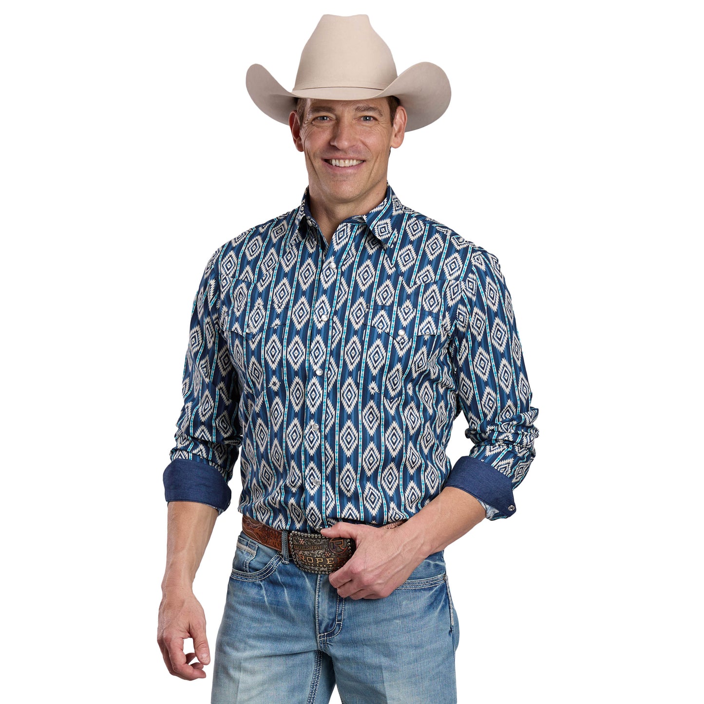 Roper Men's West Made Collection Long Sleeve Shirt Plaid Blue - 03-001-0068-0485