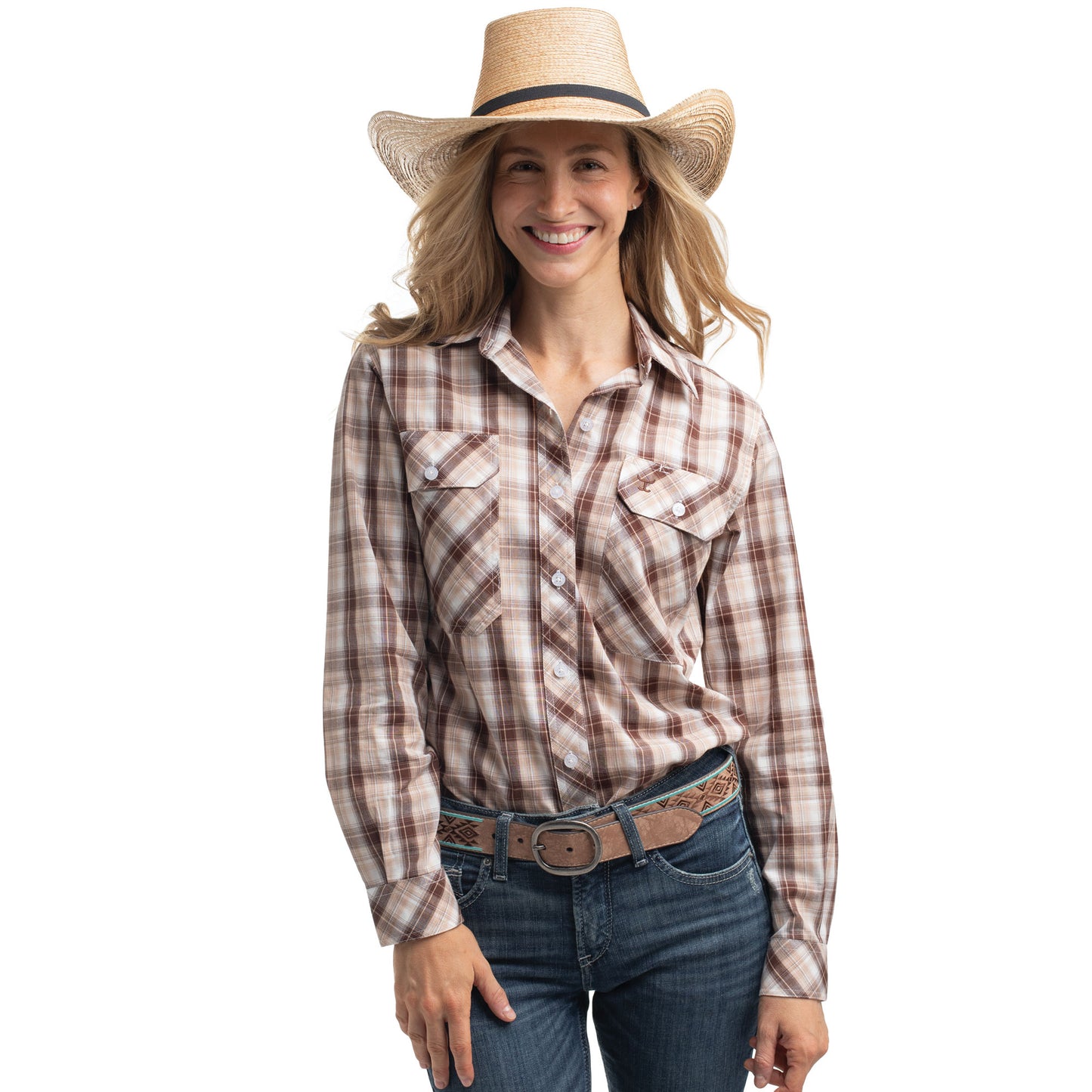 Just Country Women's Abbey Full Button Shirt  -  Tan, Chocolate & White Plaid