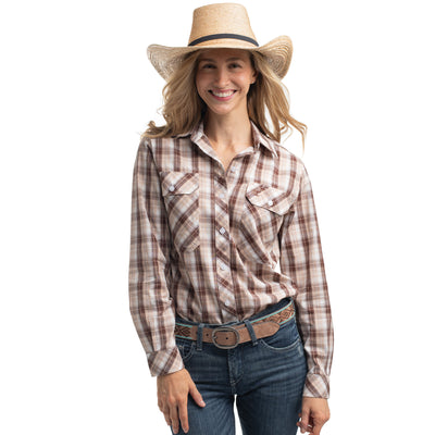 Just Country Women's Abbey Full Button Shirt  -  Tan, Chocolate & White Plaid
