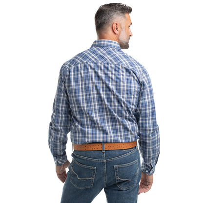 Just Country Men's Austin Full Button Long Sleeve Print Workshirt - Royal Blue & White Plaid
