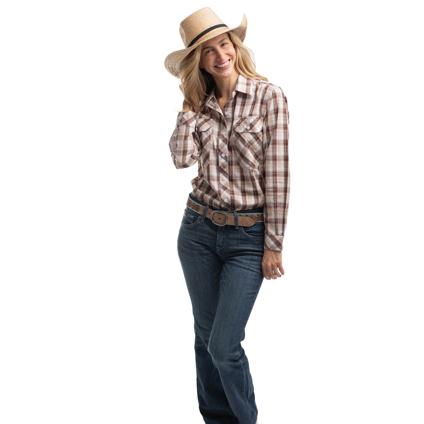 Just Country Women's Abbey Full Button Shirt  -  Tan, Chocolate & White Plaid