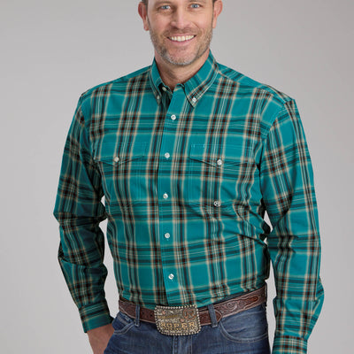 Roper Mens Amarillo Collection Long Sleeve Shirt Plaid Green