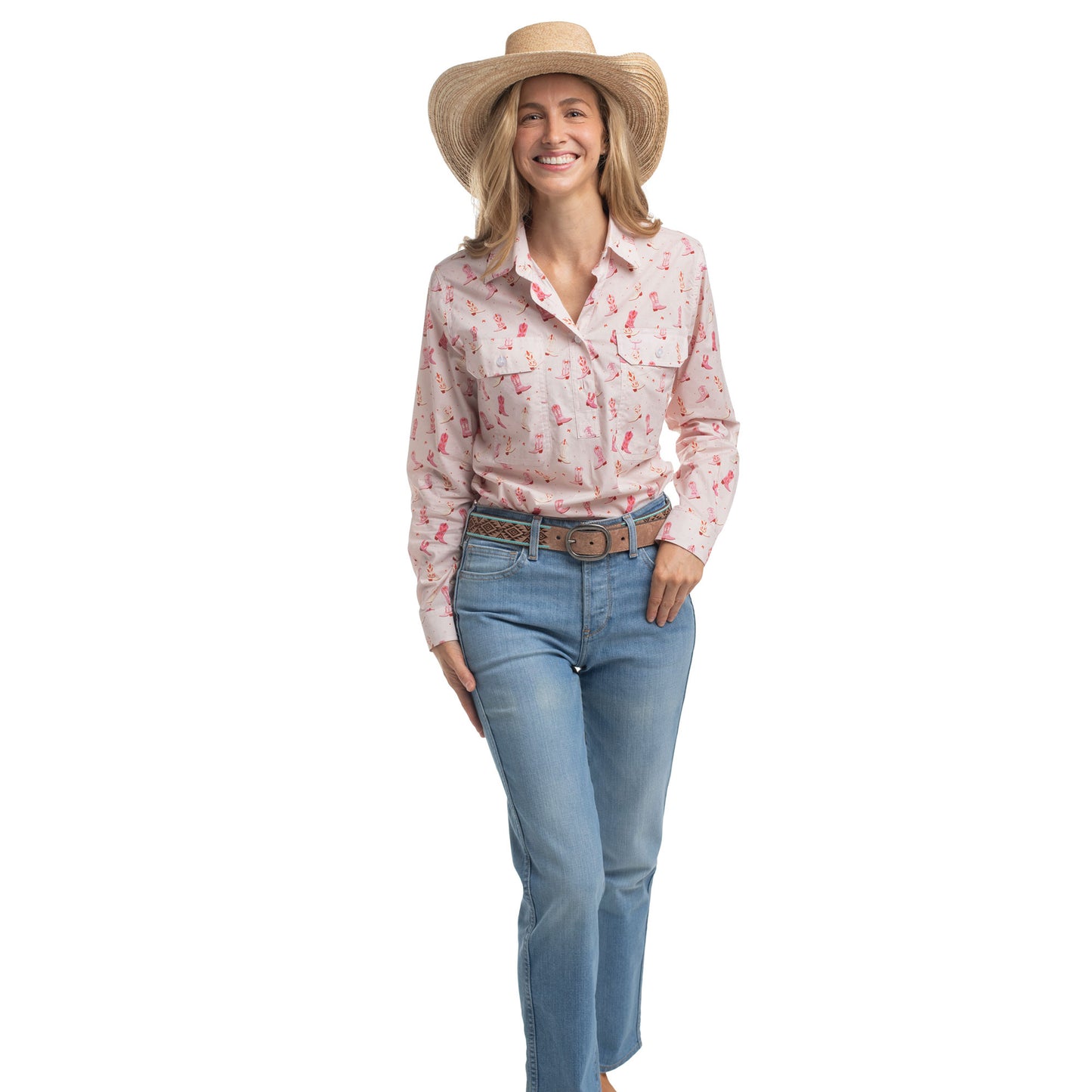 Just Country Women's Georgie Half Button Workshirt - Baby Pink Boots