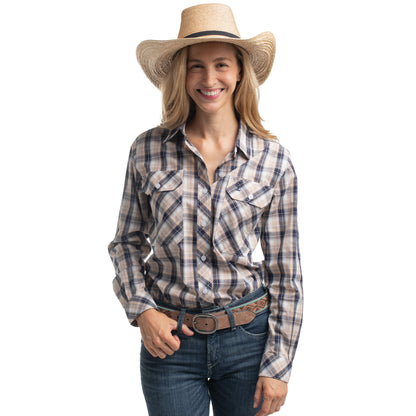 Just Country Women's Abbey Full Button Shirt  -  Tan, Navy & White Plaid