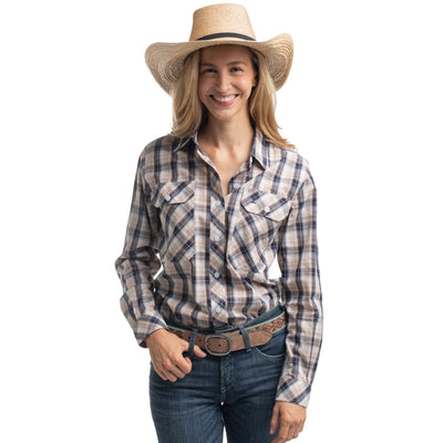 Just Country Women's Abbey Full Button Shirt  -  Tan, Navy & White Plaid