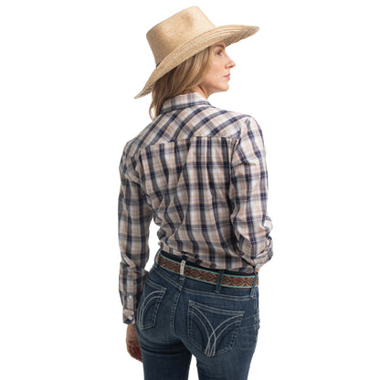 Just Country Women's Abbey Full Button Shirt  -  Tan, Navy & White Plaid