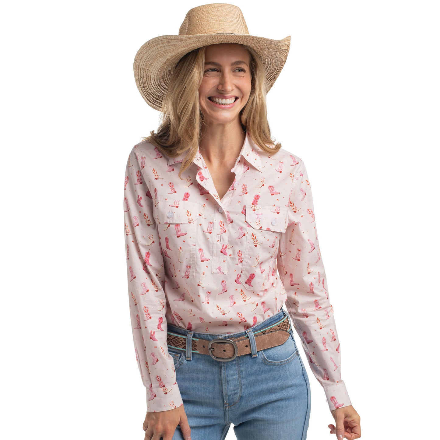 Just Country Women's Georgie Half Button Workshirt - Baby Pink Boots