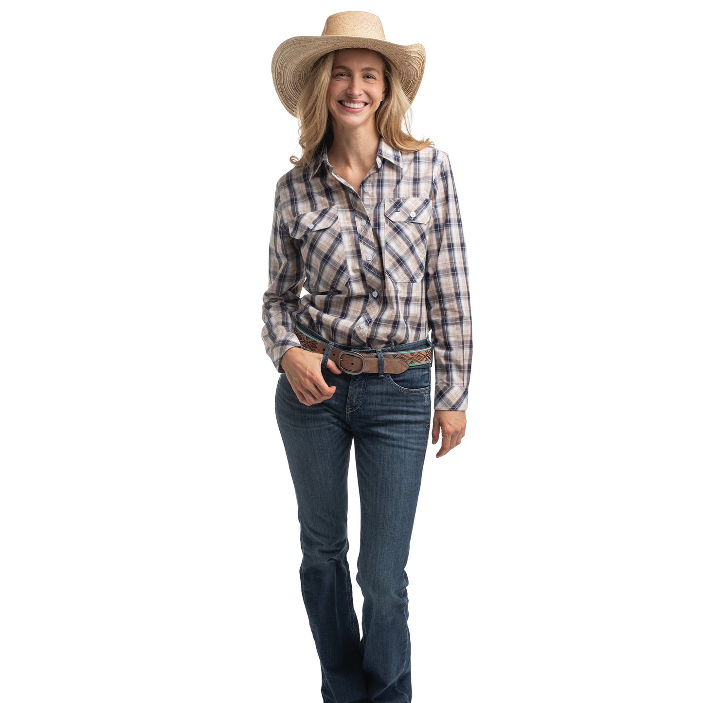 Just Country Women's Abbey Full Button Shirt  -  Tan, Navy & White Plaid