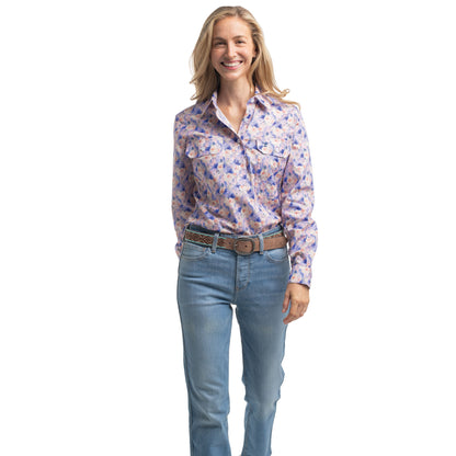 Just Country Women's Georgie Half Button Workshirt - Blue & Baby Pink Watercolour Roses