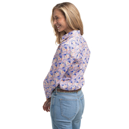 Just Country Women's Georgie Half Button Workshirt - Blue & Baby Pink Watercolour Roses