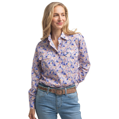 Just Country Women's Georgie Half Button Workshirt - Blue & Baby Pink Watercolour Roses