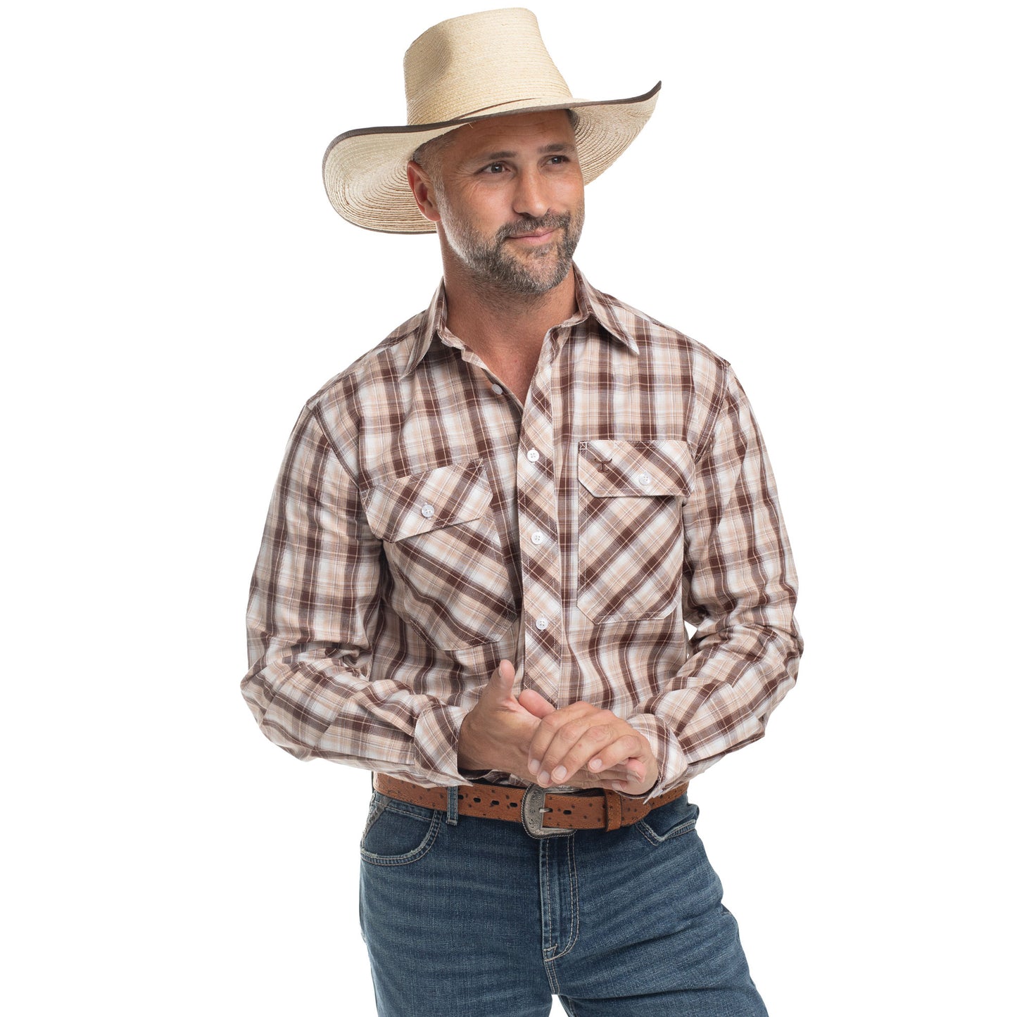 Just Country Men's Austin Full Button Workshirt -Tan, Chocolate & White Plaid