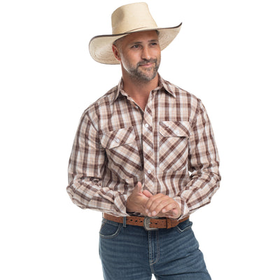 Just Country Men's Austin Full Button Workshirt -Tan, Chocolate & White Plaid