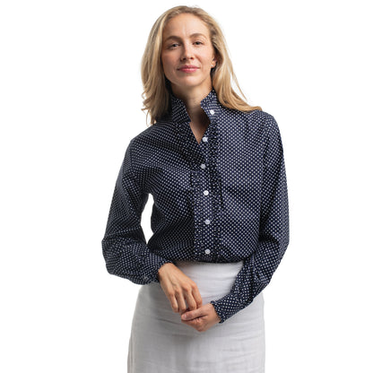 Just Country Women's Abbey Frills Full Button Shirt  - Navy & White Mini Spots