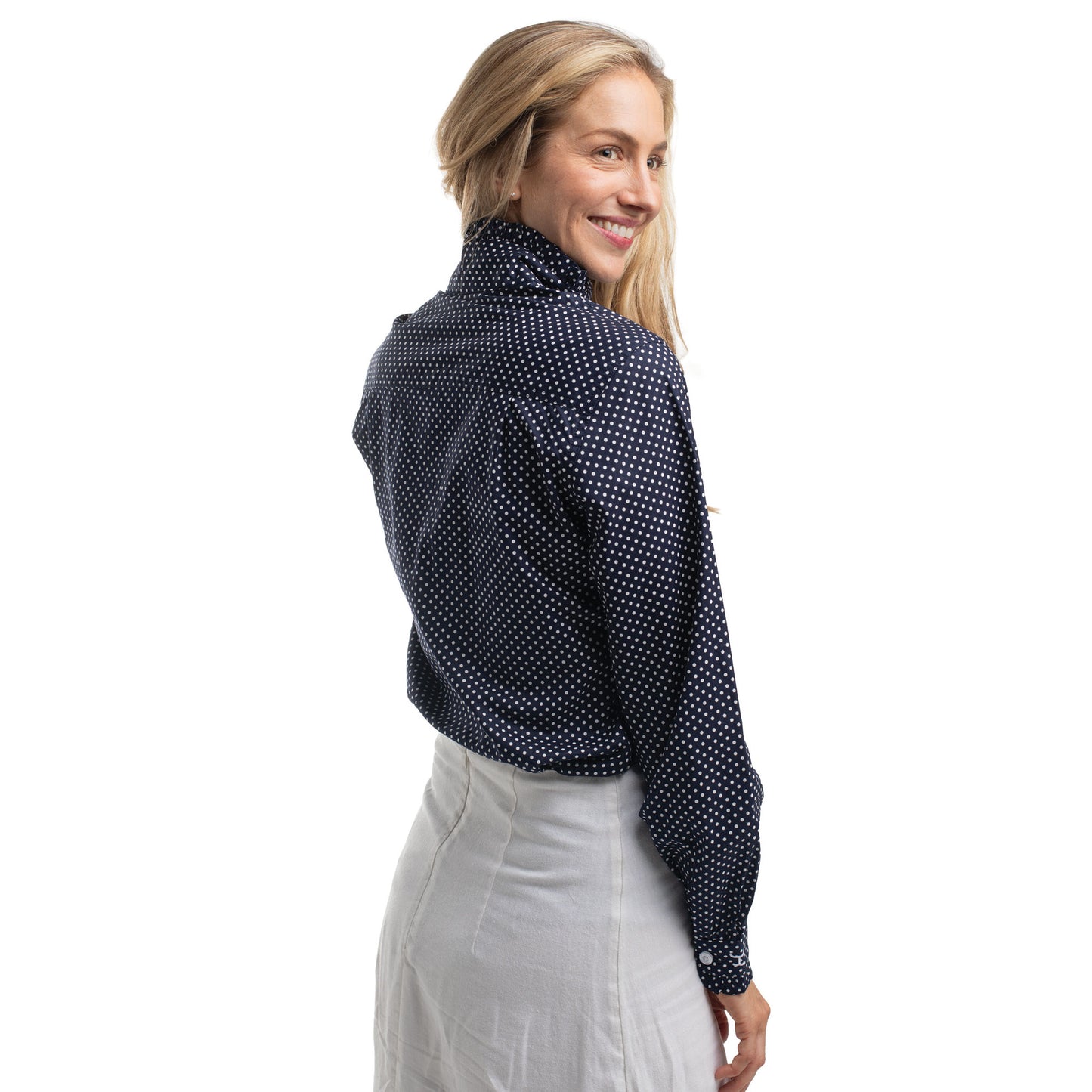 Just Country Women's Abbey Frills Full Button Shirt  - Navy & White Mini Spots