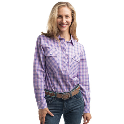 Just Country Women's Georgie Half Button Workshirt - Orchid & Royal Blue Check
