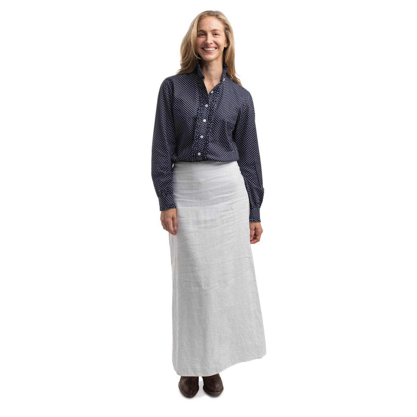 Just Country Women's Abbey Frills Full Button Shirt  - Navy & White Mini Spots