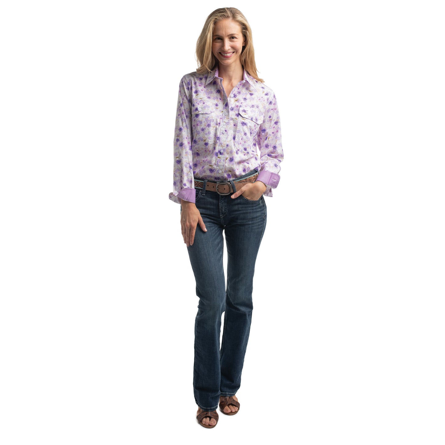 Just Country Women's Abbey Full Button Shirt  - Purple & White Wildflowers/Orchid