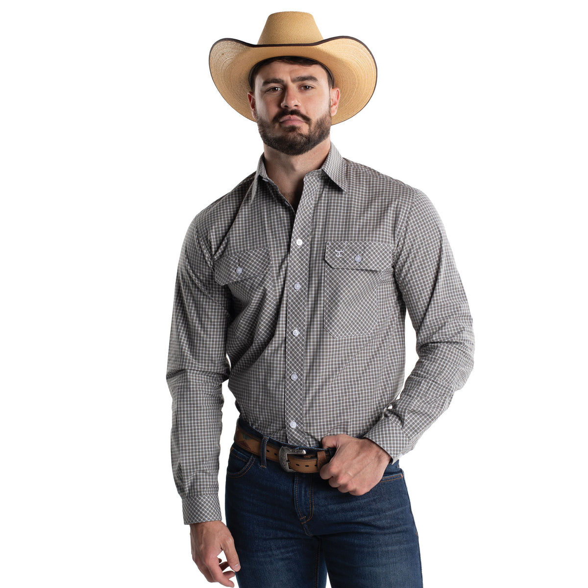 Just Country Men's Austin Full Button Workshirt - Moon Mist & White Check MWLS2669