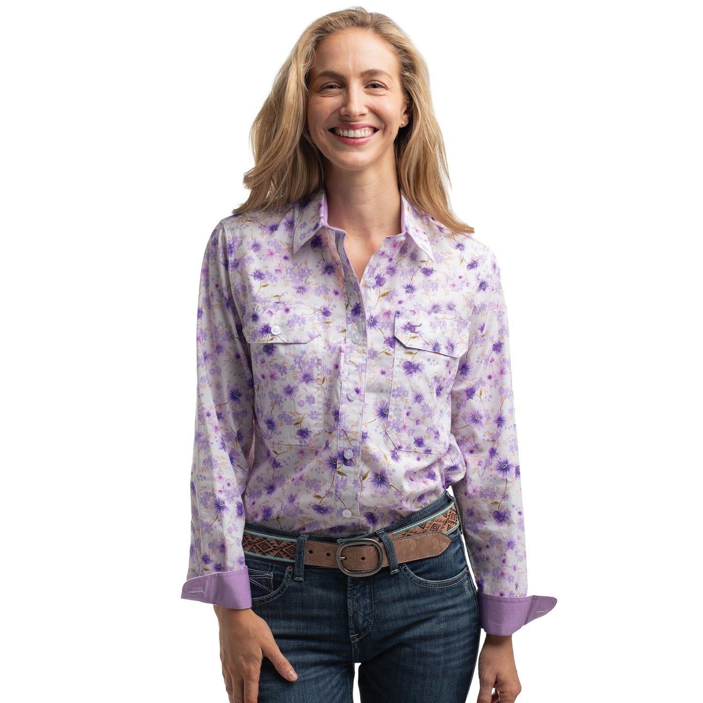 Just Country Women's Abbey Full Button Shirt  - Purple & White Wildflowers/Orchid
