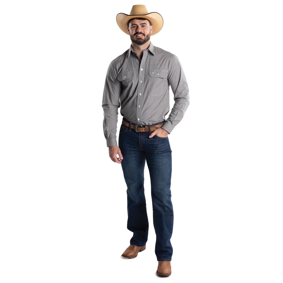 Just Country Men's Austin Full Button Workshirt - Moon Mist & White Check MWLS2669