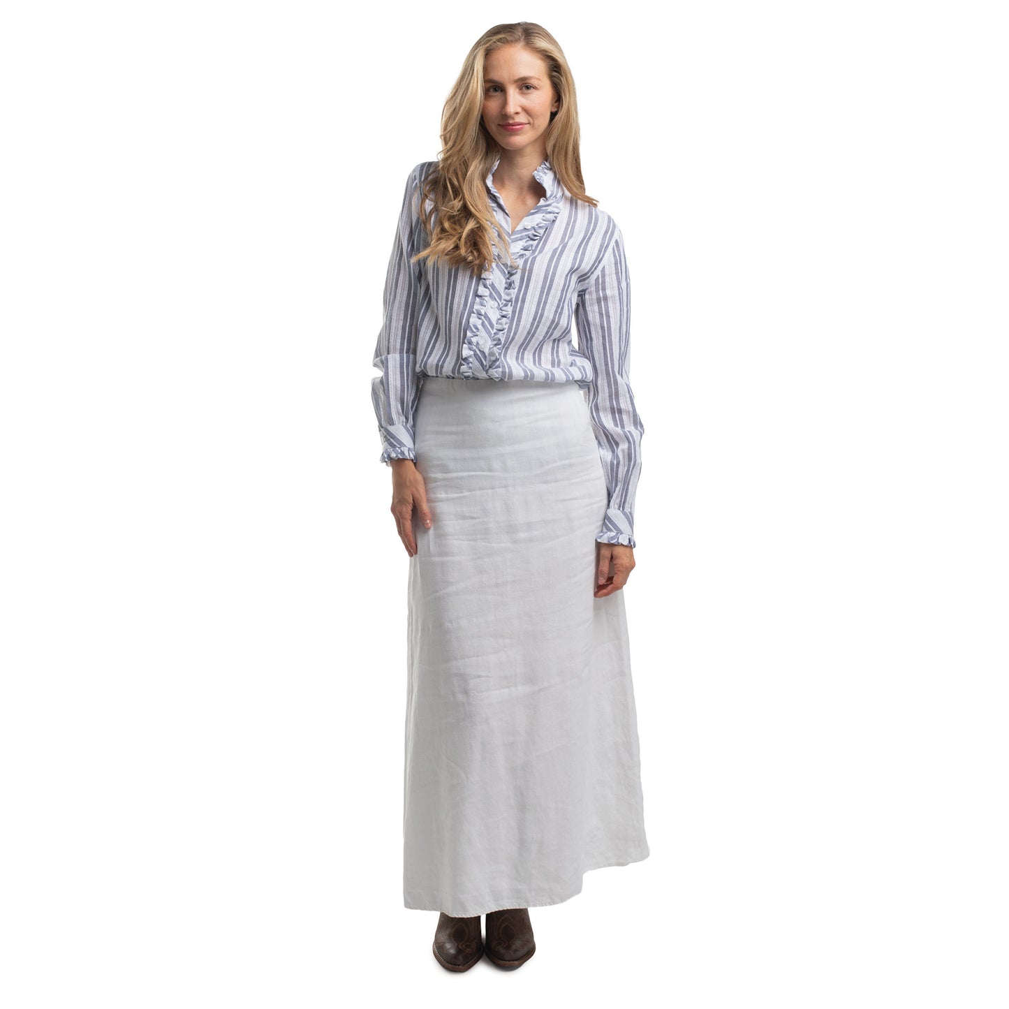 Just Country Women's Abbey Frills Full Button Shirt  - Indigo Blue & White Lace