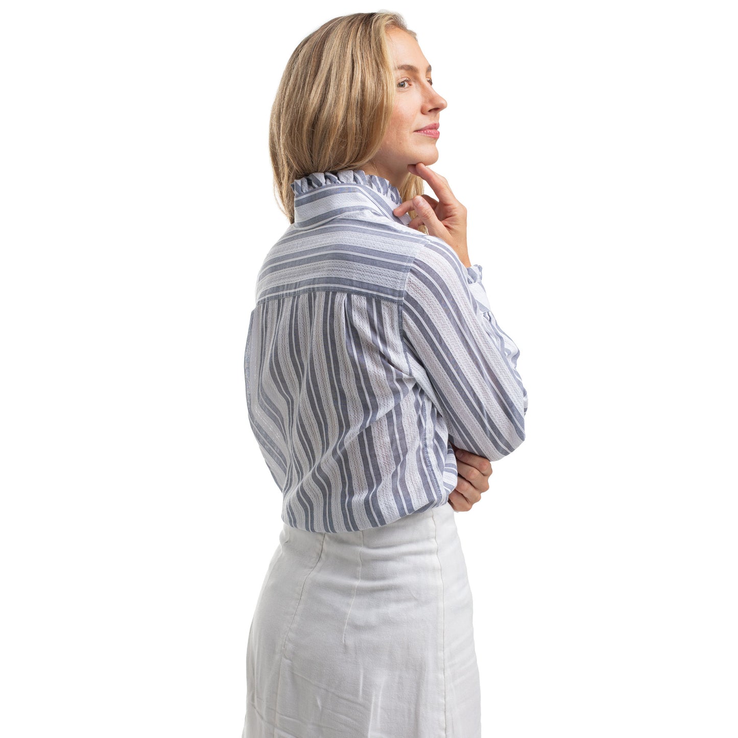 Just Country Women's Abbey Frills Full Button Shirt  - Indigo Blue & White Lace