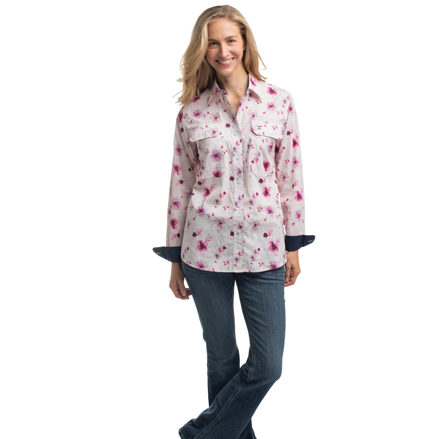 Just Country Women's Abbey Full Button Shirt  - Magenta Violets/ Navy