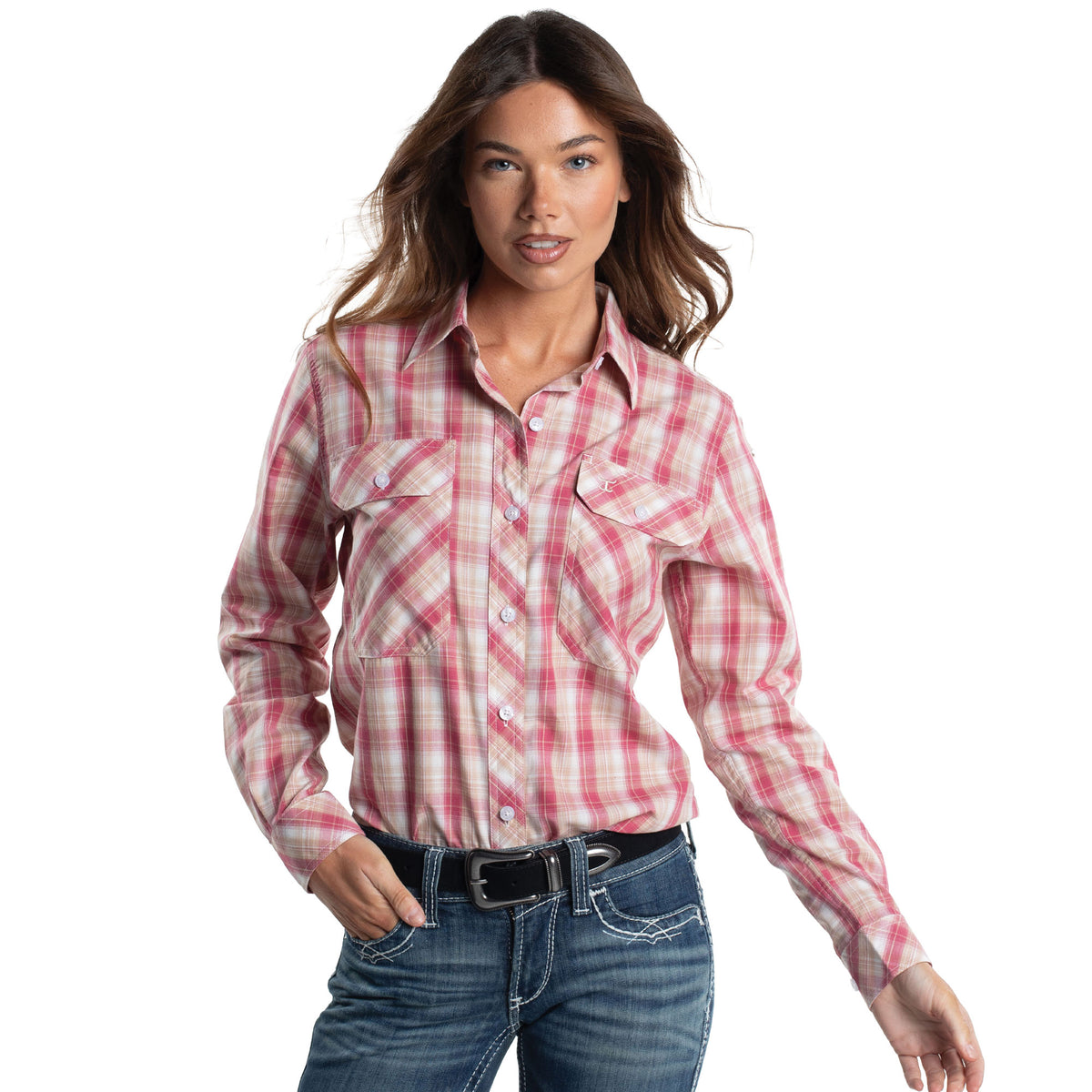 Just Country Women's Abbey Full Button Shirt  - Hot Pink, Castle Tan & White Plaid WWLS2677