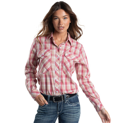 Just Country Women's Abbey Full Button Shirt  - Hot Pink, Castle Tan & White Plaid WWLS2677
