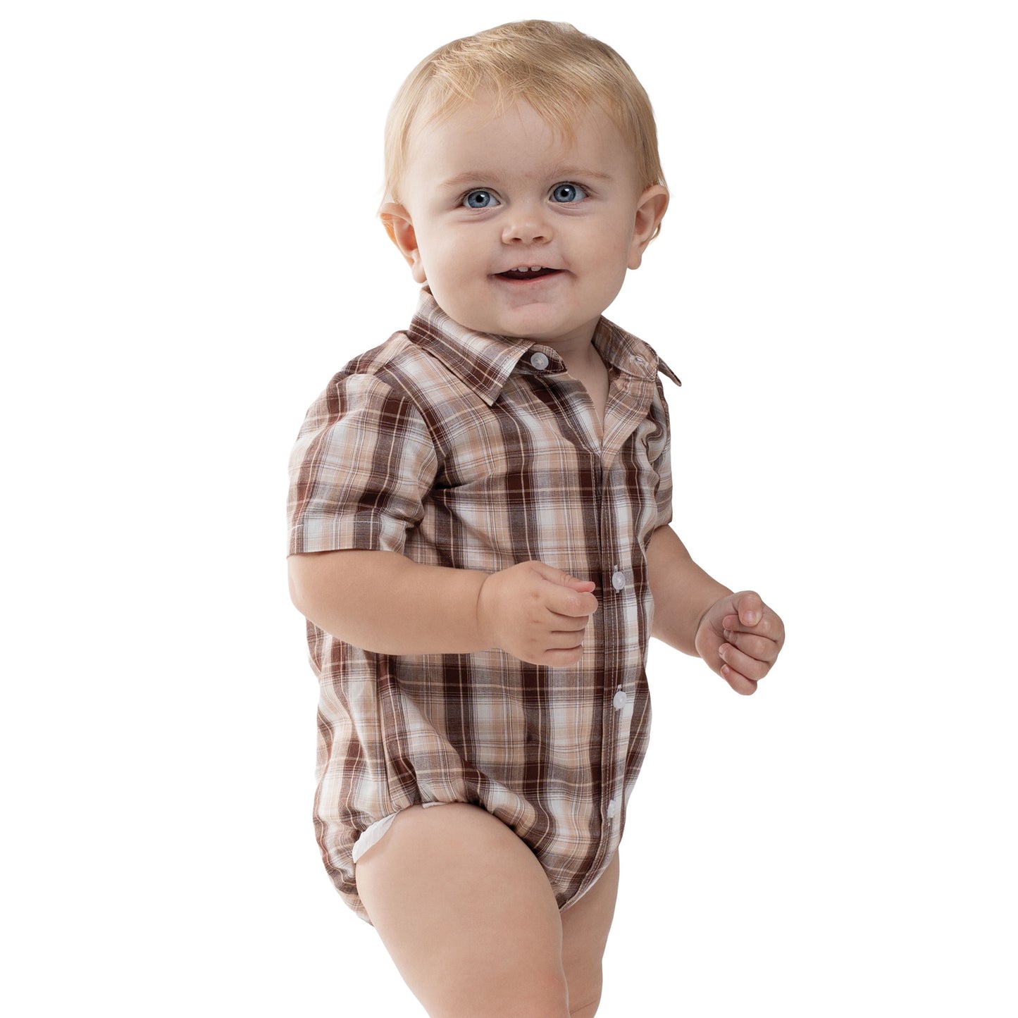 Just Country Infant Frankie Short Sleeve Full Button Jumpsuit -  Tan, Chocolate & White Plaid