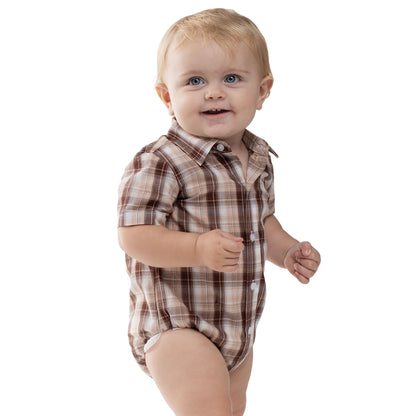 Just Country Infant Frankie Short Sleeve Full Button Jumpsuit -  Tan, Chocolate & White Plaid