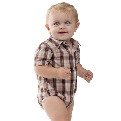 Just Country Infant Frankie Short Sleeve Full Button Jumpsuit -  Tan, Chocolate & White Plaid