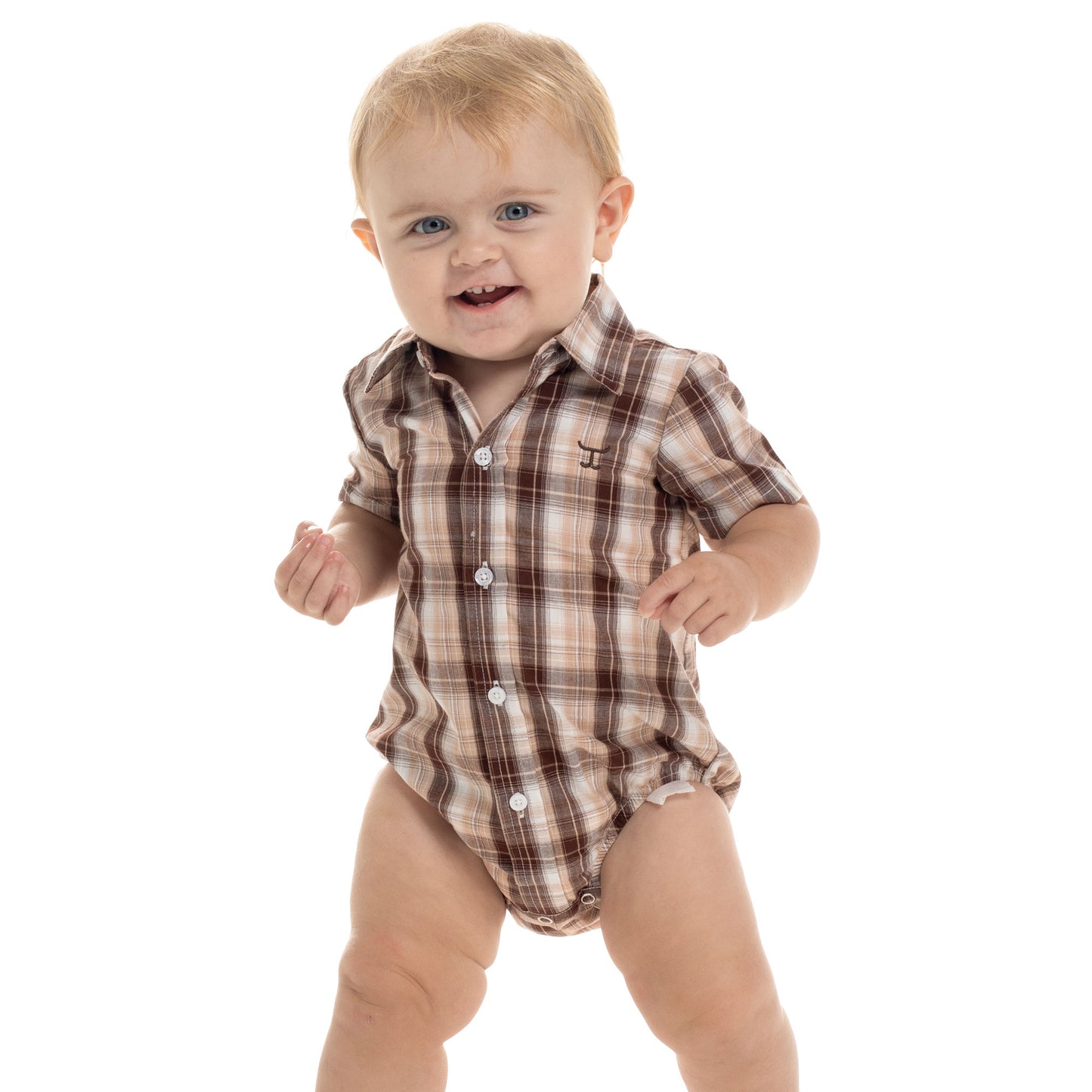 Just Country Infant Frankie Short Sleeve Full Button Jumpsuit -  Tan, Chocolate & White Plaid