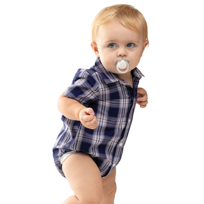 Just Country Infant Frankie Short Sleeve Full Button Jumpsuit -  Navy & White Plaid